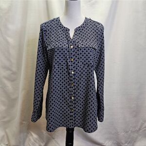 Croft & Barrow Blue Patterned Button Front Blouse Size Medium